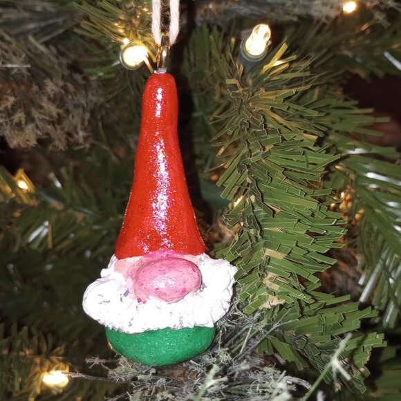 Red Chris Green Gnome Ornaments Christmas Pendant Handmade OOAK Folkart Set of 4 - Picture 1 of 8